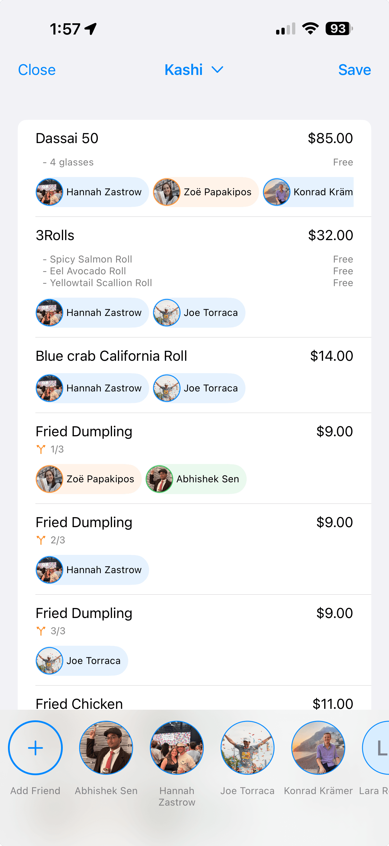 Assignment view showing food items with friends assigned to each one
