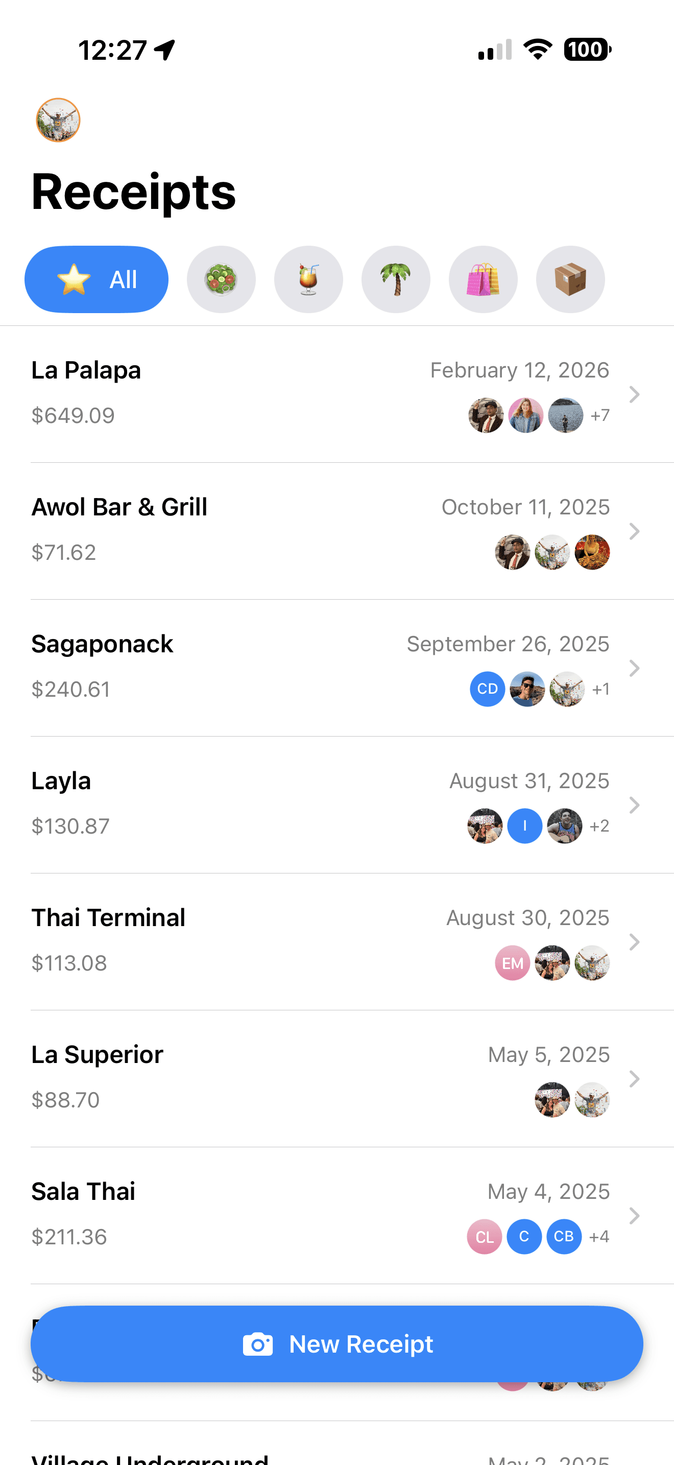 Tabify receipt list showing recent group dinners