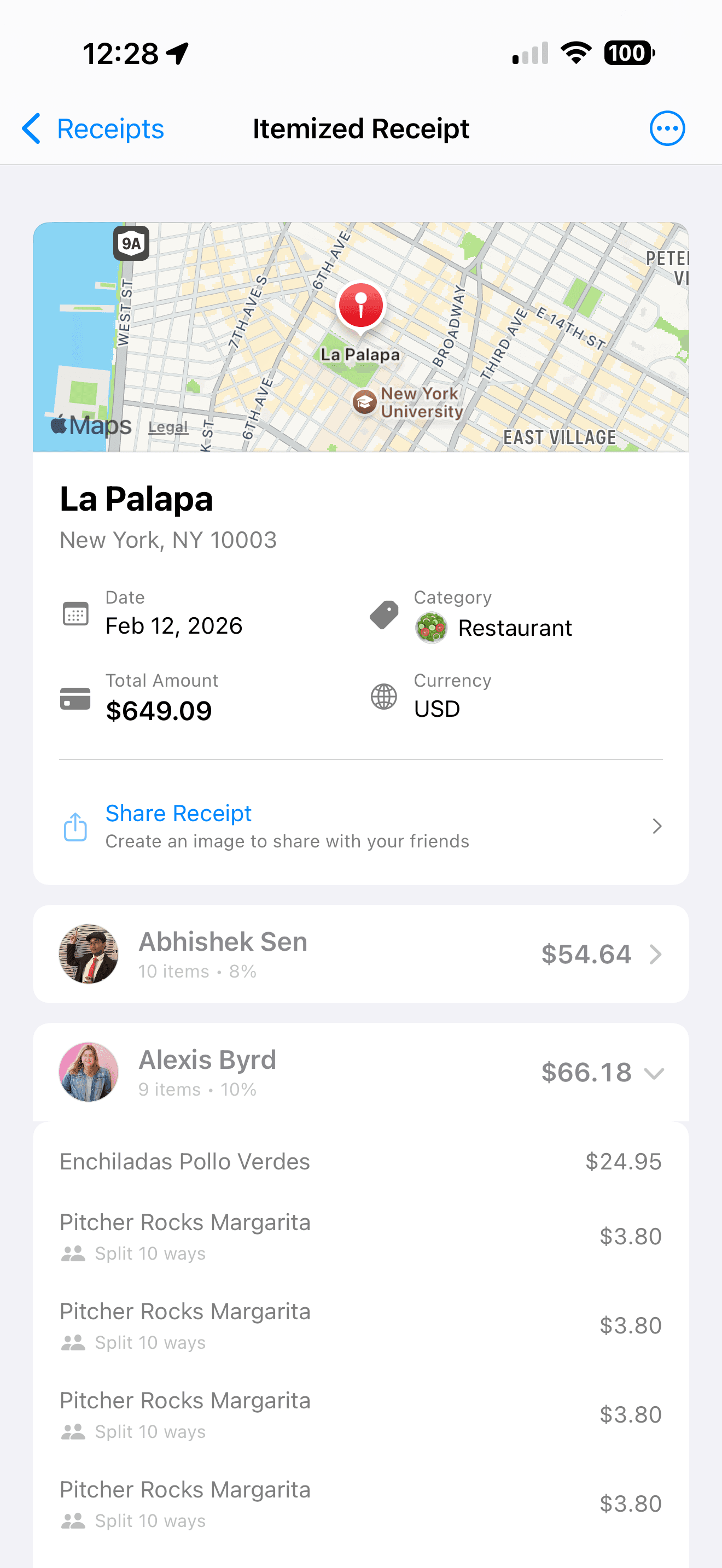 Itemized receipt view showing La Palapa with per-person balances and a map