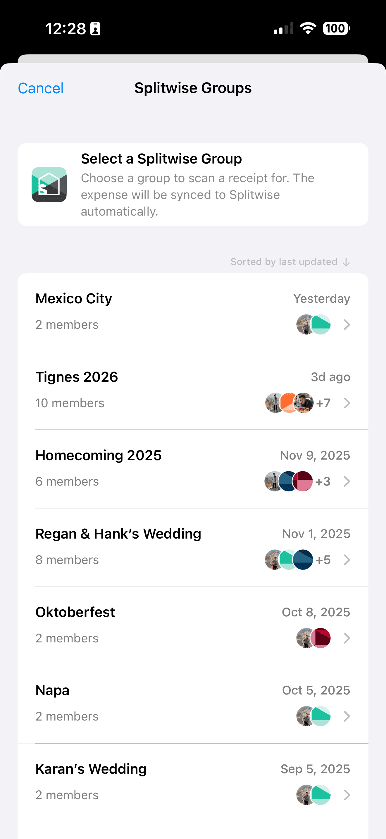 Splitwise group picker showing Mexico City, Tignes 2026, and other groups